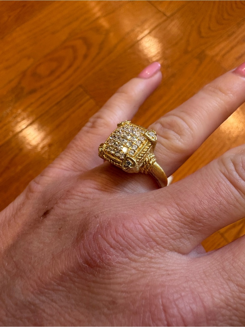 Judith Ripka Gold Tone Pave Cocktail Ring Chunky Rope Band Statement Estate